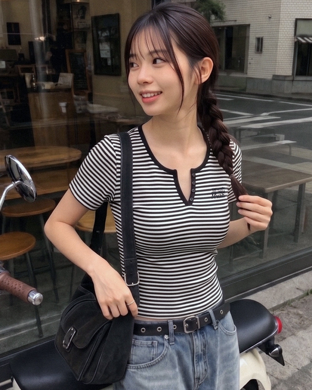MUAHMUAH預訂｜SHORT HENLEY NECK STRIPE HALF SLEEVE