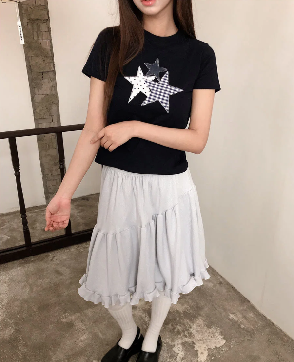 春夏預訂｜格紋縫線星形貼片短袖TEE