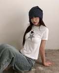 春夏預訂｜格紋縫線星形貼片短袖TEE