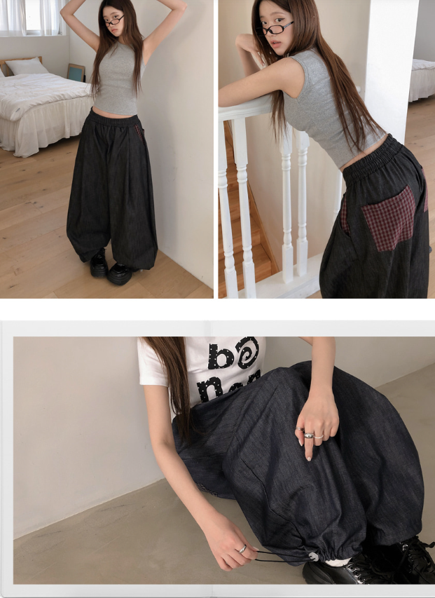 春夏預訂｜格子口袋不褪色抽繩闊腿牛仔褲