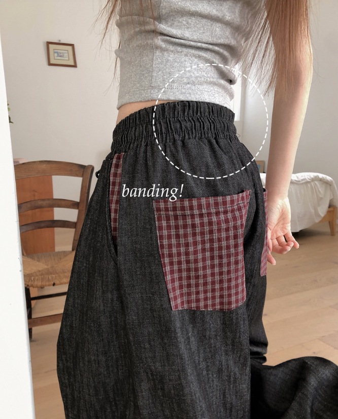 春夏預訂｜格子口袋不褪色抽繩闊腿牛仔褲