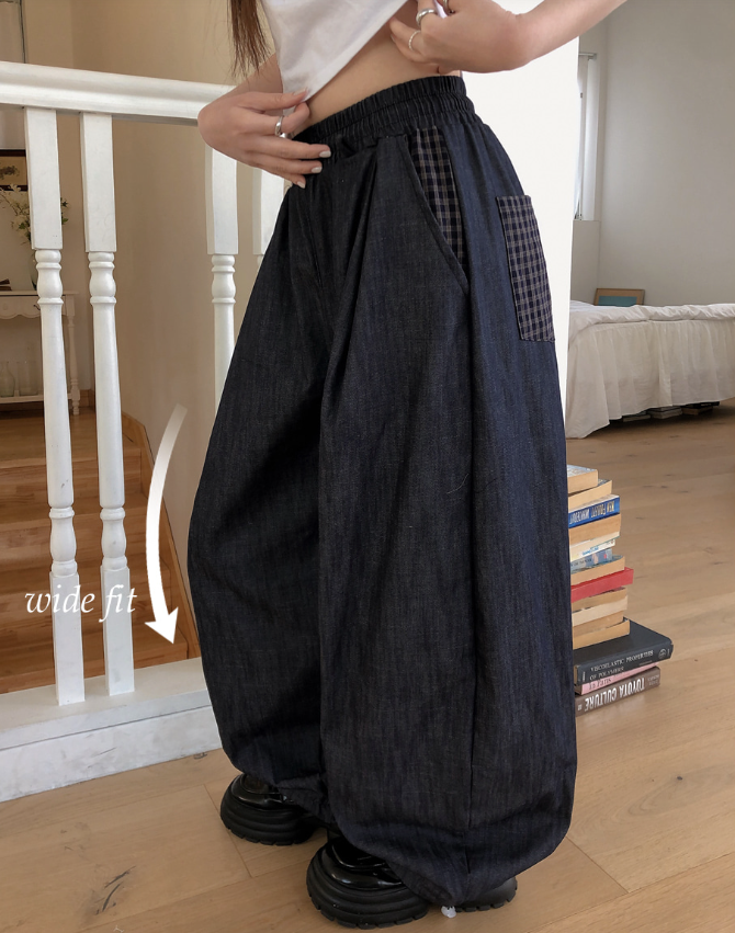 春夏預訂｜格子口袋不褪色抽繩闊腿牛仔褲