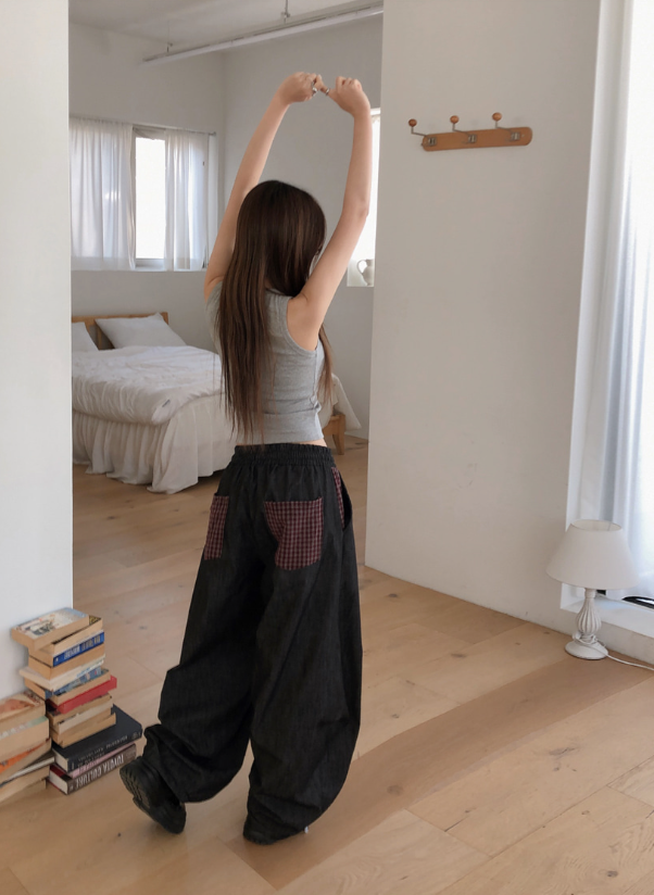 春夏預訂｜格子口袋不褪色抽繩闊腿牛仔褲