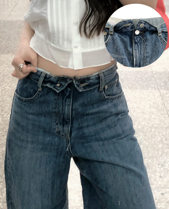 春夏預訂｜翻邊腰部雙扣闊腿牛仔褲