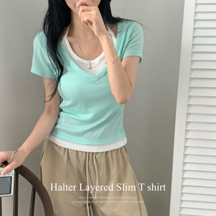 春夏預訂｜掛脖拼色V領短袖T恤