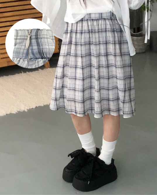 春夏預訂｜喇叭褶皺格子縐布中長裙