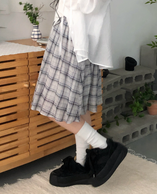 春夏預訂｜喇叭褶皺格子縐布中長裙
