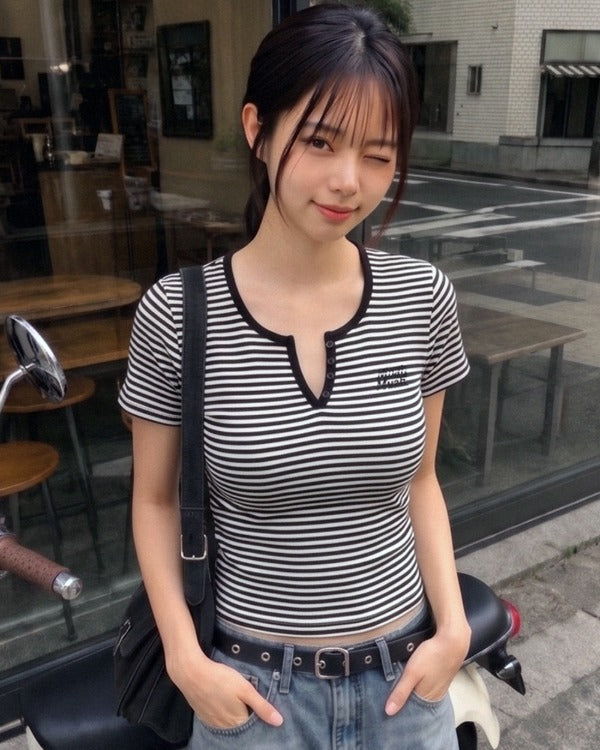 MUAHMUAH預訂｜SHORT HENLEY NECK STRIPE HALF SLEEVE