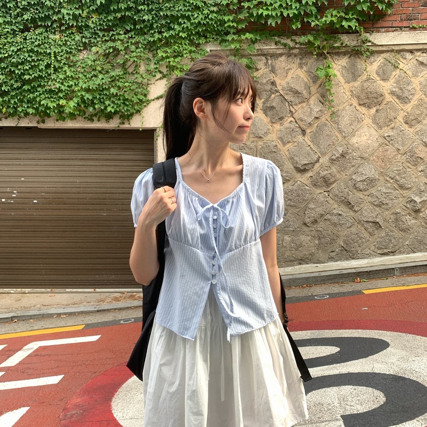 春夏現貨｜條紋方領泡泡袖襯衫