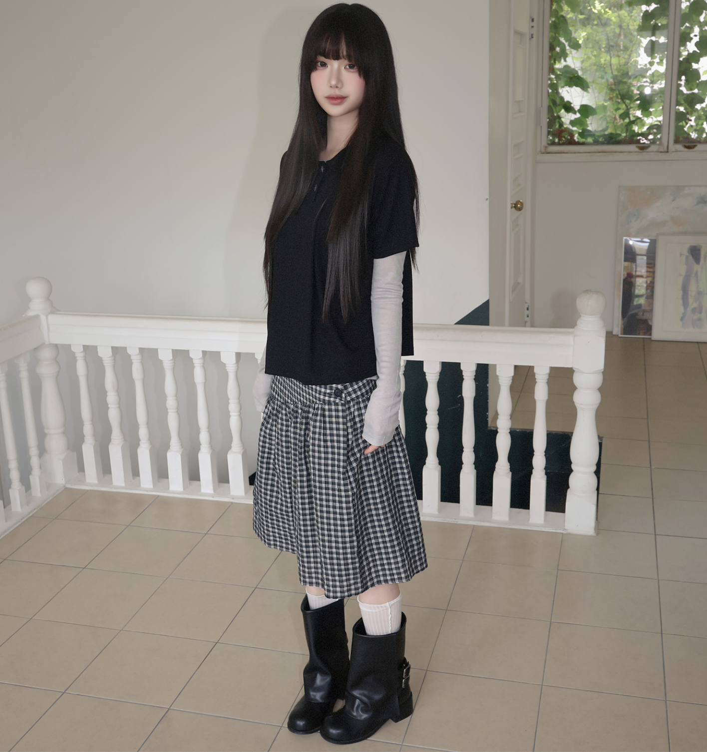春夏預訂｜[森系少女風🌳] 胡桃格紋斜紋褶皺紐扣中長裙