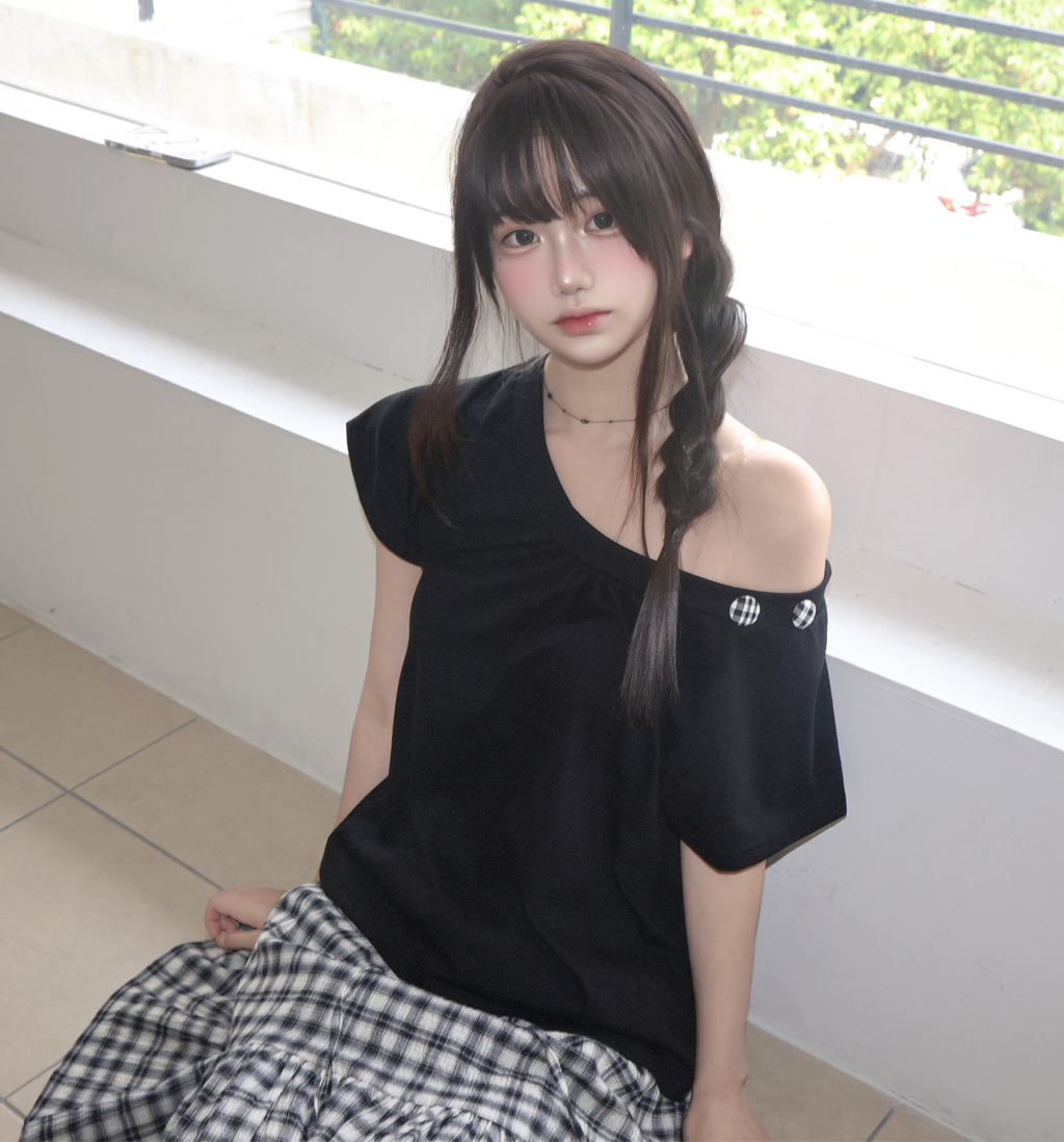 春夏預訂｜格紋BUTTON RIBBON 單肩短袖上衣