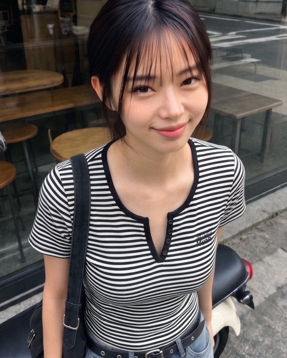 MUAHMUAH預訂｜SHORT HENLEY NECK STRIPE HALF SLEEVE