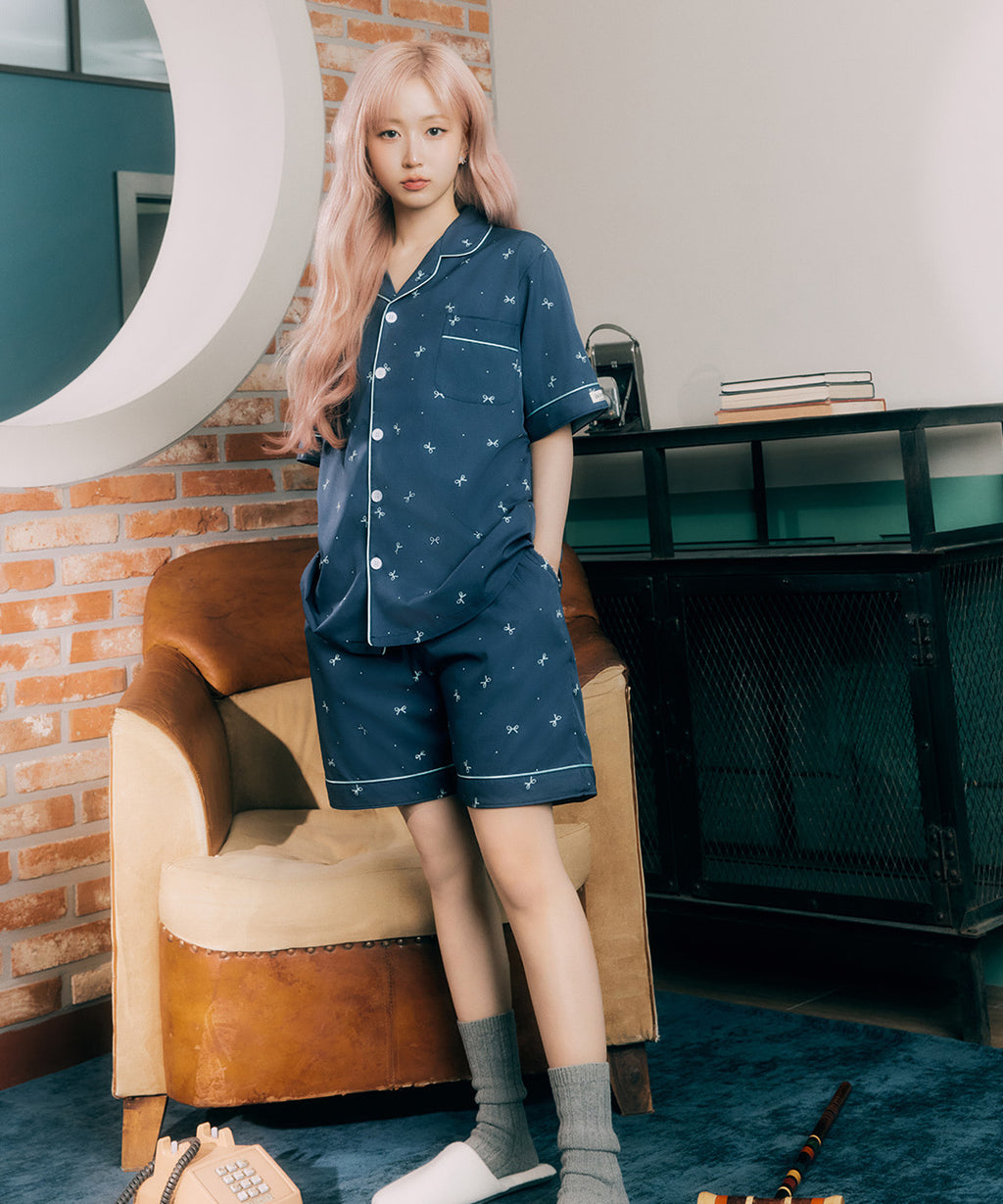 DOSSY預訂｜NMIXX HAEWON PICK NAVY RIBBON PAJAMA SET