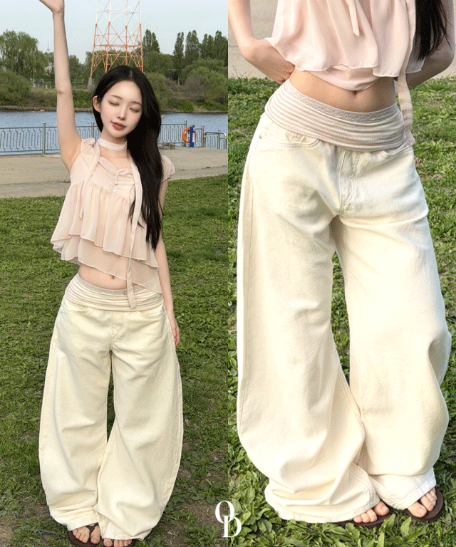 春夏預訂｜折疊條紋弧形寬腰彈性長褲