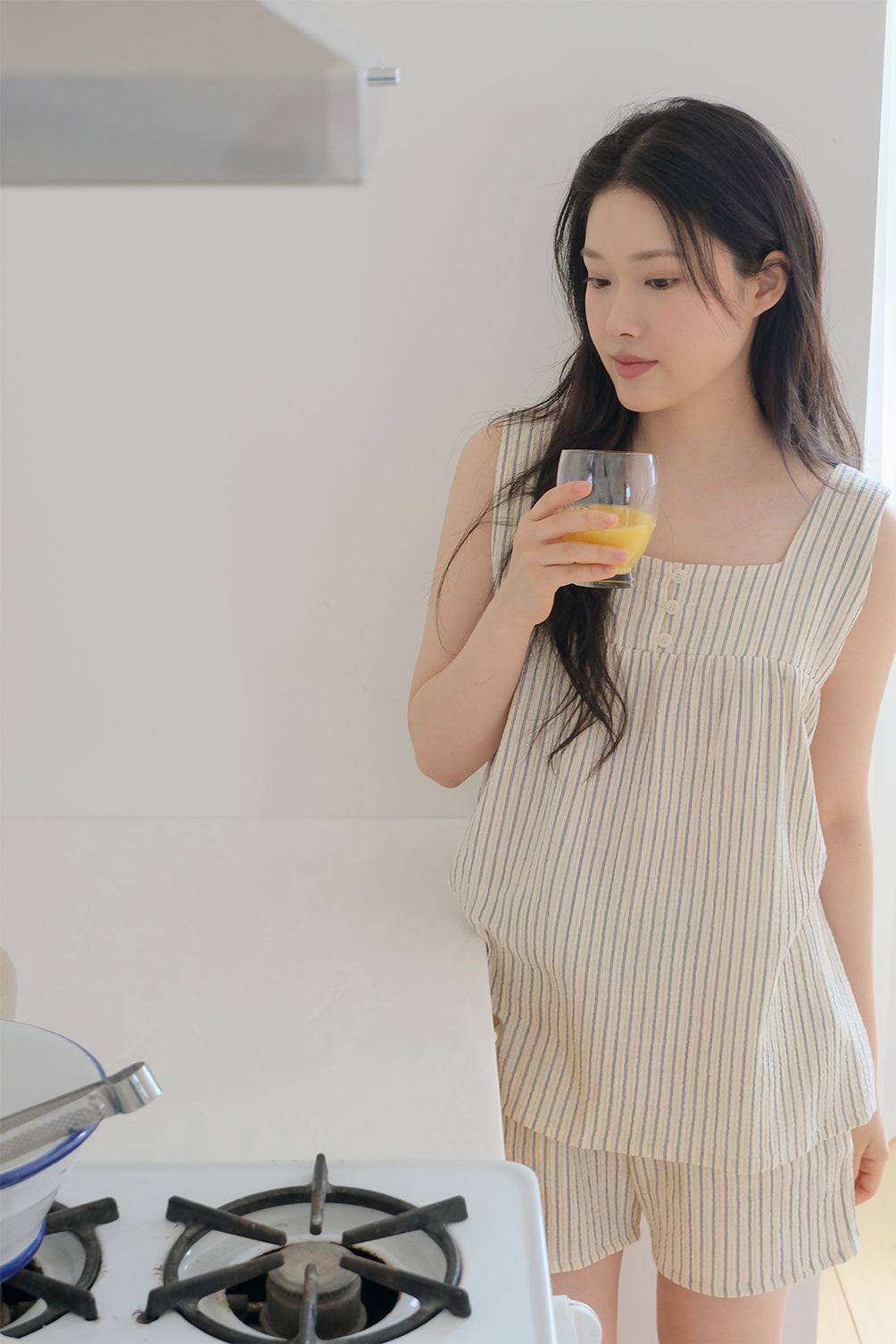 深藍色條紋縐棉無袖睡衣套裝正面